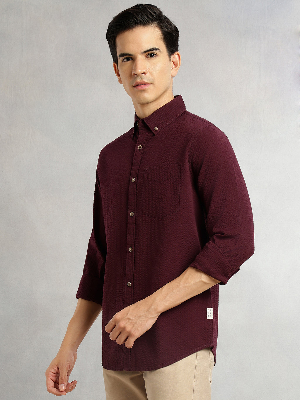Thomas Scott Men Wine Premium Slim Fit Long Regular Sleeves Button-Down Collar Pinstripes 100% Cotton Seersucker Casual Shirt