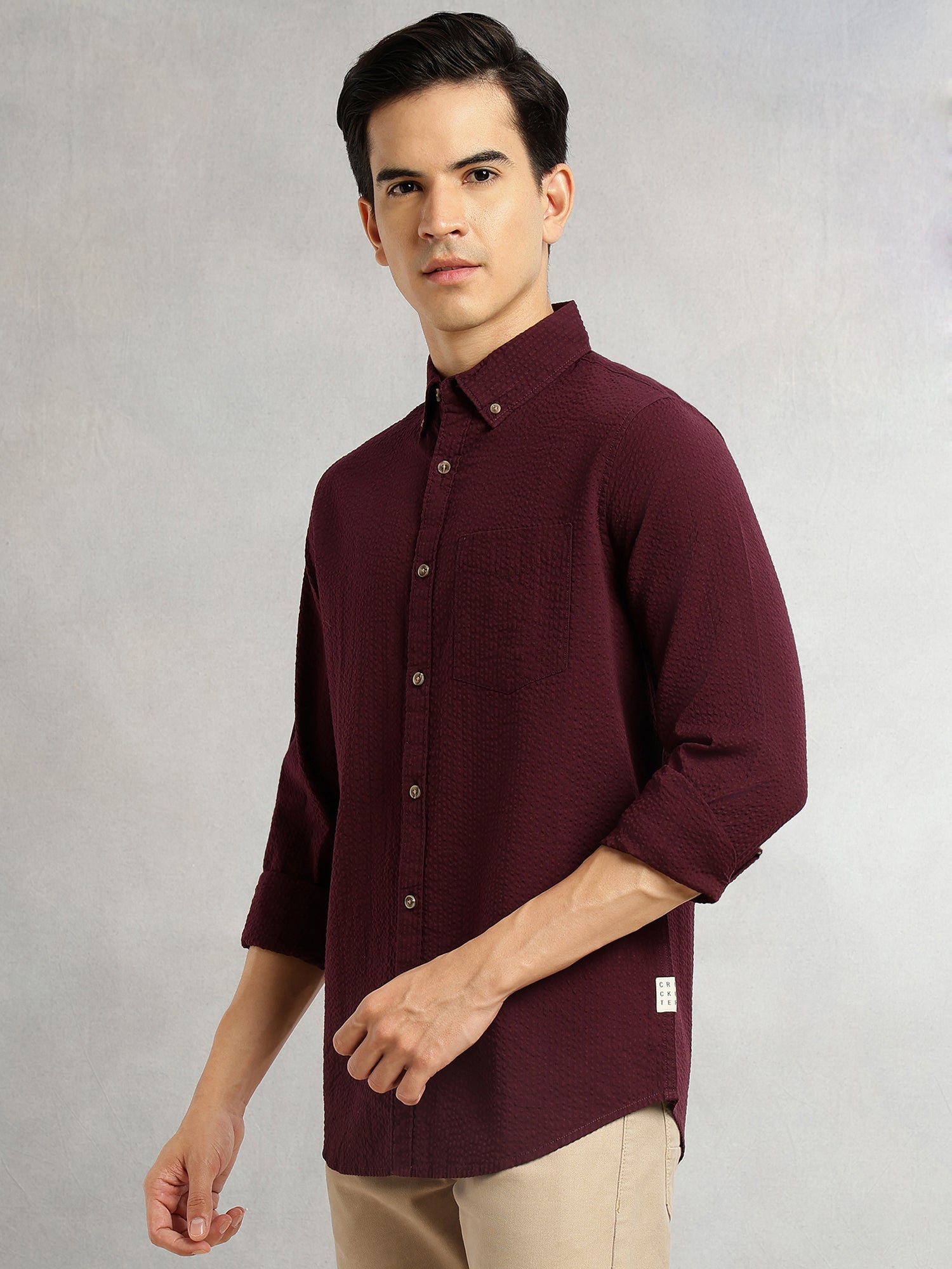 Thomas Scott Men Wine Premium Slim Fit Long Regular Sleeves Button-Down Collar Pinstripes 100% Cotton Seersucker Casual Shirt
