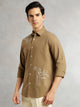 Thomas Scott Men Khaki Regular Fit Long Sleeves Spread Collar Oxford Embroidered Shirt