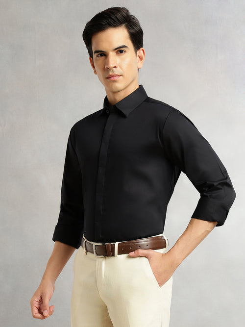 Thomas Scott Men Black Premium Long Sleeves Regular Fit Spread Collar Solid 100% Cotton Formal Shirt