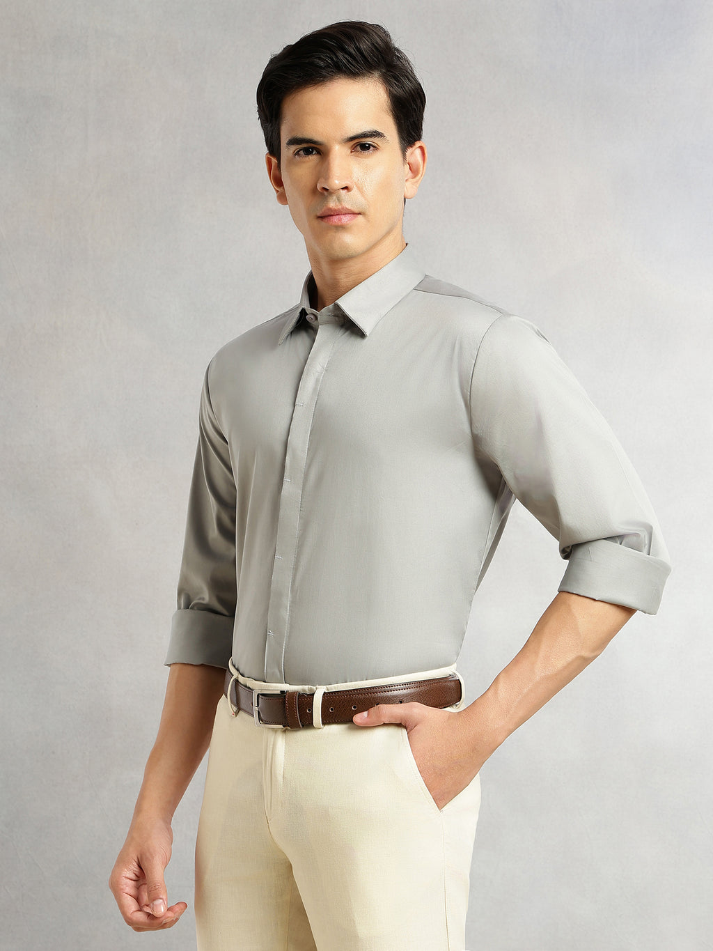 Thomas Scott Men Grey Premium Long Sleeves Regular Fit Spread Collar Solid 100% Cotton Formal Shirt