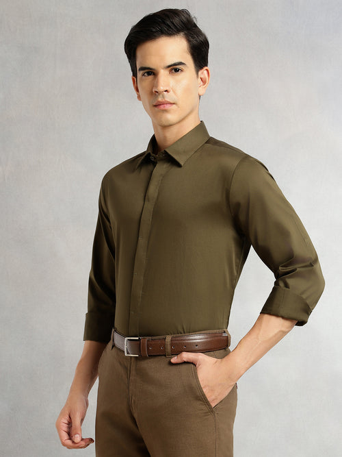 Thomas Scott Men Olive Premium Long Sleeves Regular Fit Spread Collar Solid 100% Cotton Formal Shirt