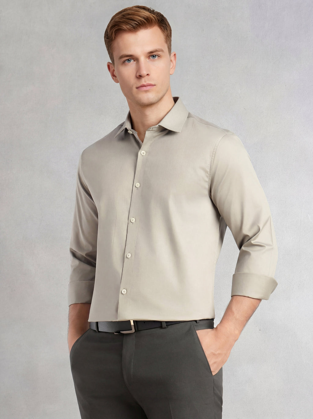 Thomas Scott Men Light Grey Regular Fit Long Sleeves Spread Collar Solid 100% Cotton Formal Shirt