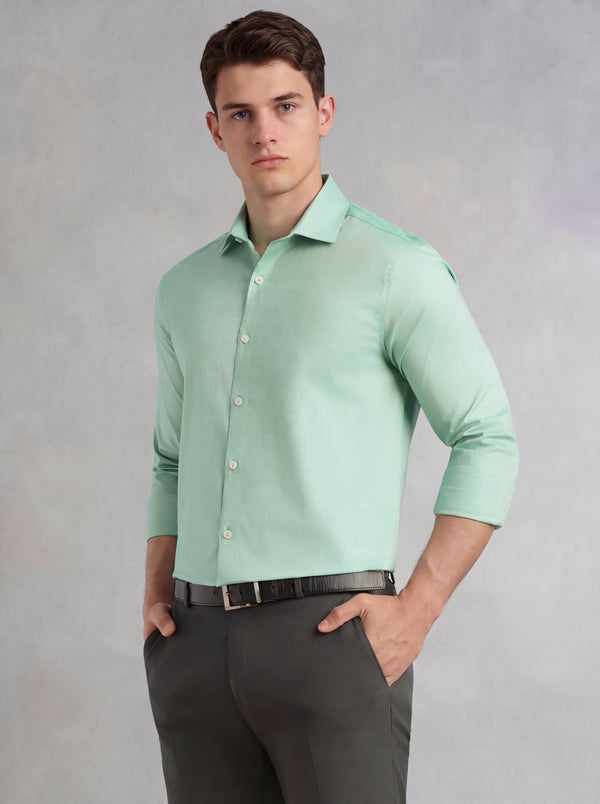 Green Regular Fit Long Sleeves Spread Collar 100% Cotton Oxford Formal Shirt For Men