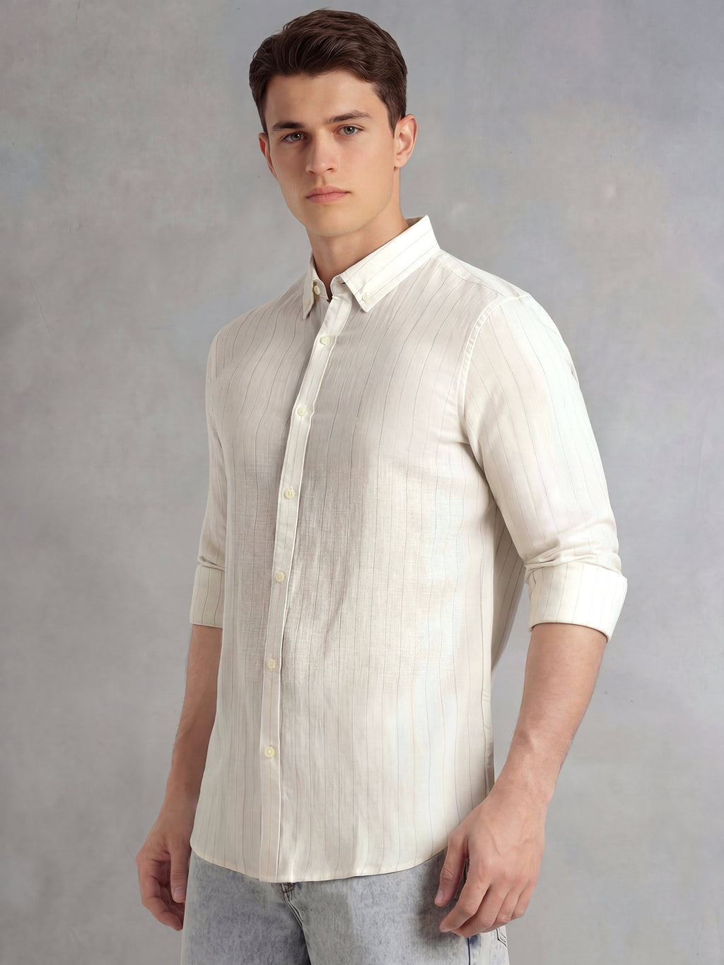 Thomas Scott Men White Slim Fit Long Sleeves Button-Down Collar Vertical Striped Linen Casual Shirt