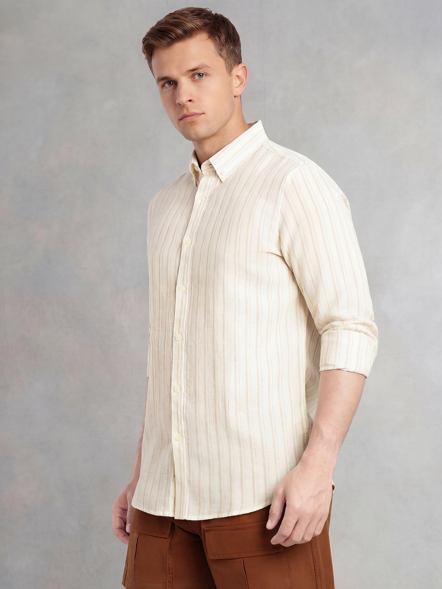Thomas Scott Men Beige Slim Fit Long Sleeve Button-Down Collar Vertical Striped Linen Casual Shirt