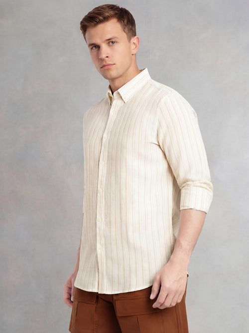 Thomas Scott Men Beige Slim Fit Long Sleeve Button-Down Collar Vertical Striped Linen Casual Shirt