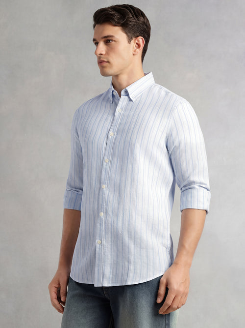 Thomas Scott Men Blue Slim Fit Long Sleeve Button-Down Collar Vertical Striped Linen Casual Shirt