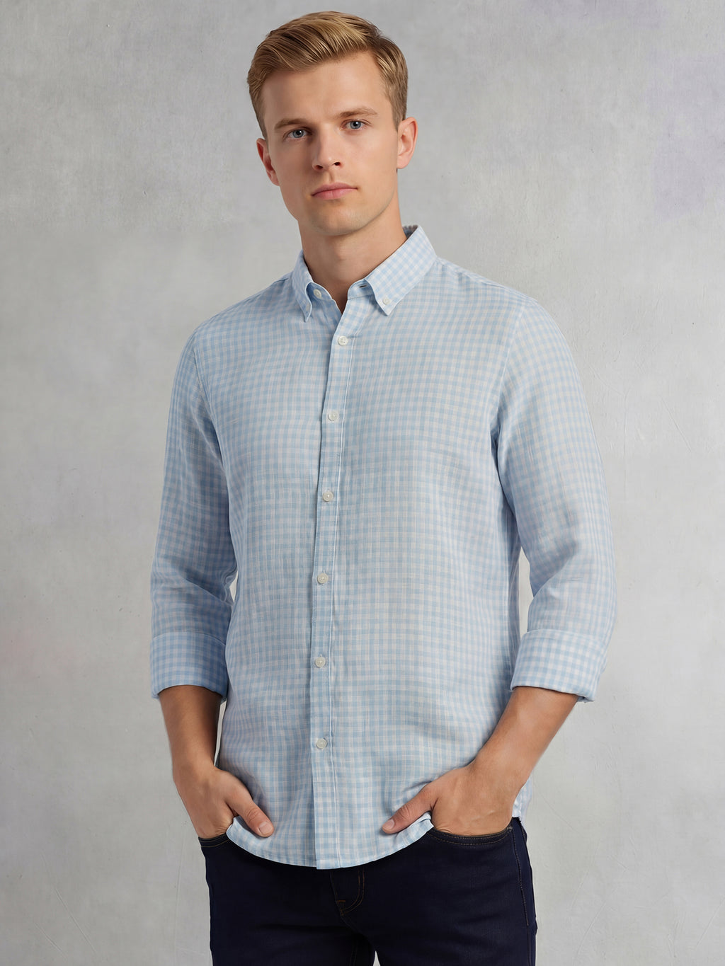 Thomas Scott Men Blue Slim Fit Long Sleeves Button-Down Collar Gingham Checks Linen Casual Shirt