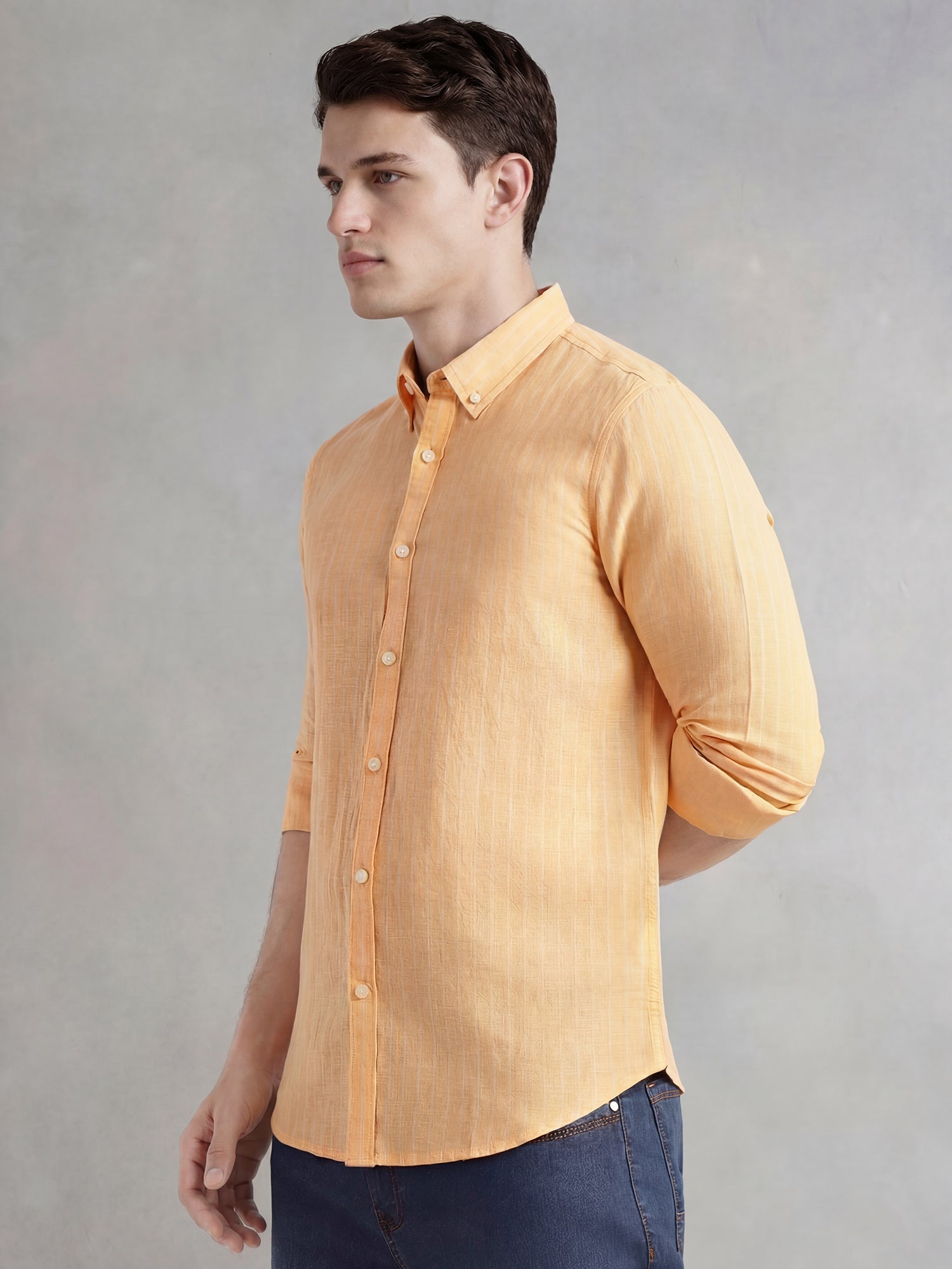 Thomas Scott Men Orange Slim Fit Long Regular Sleeves Vertical Striped Button-Down Collar Linen Casual Shirt
