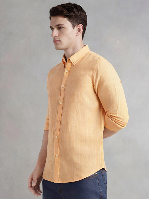 Thomas Scott Men Orange Slim Fit Long Regular Sleeves Vertical Striped Button-Down Collar Linen Casual Shirt