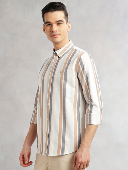 Thomas Scott Men White Cricket Club Collection Slim Fit Long Sleeves Button Down Collar Multi Stripes Oxford Casual Shirt
