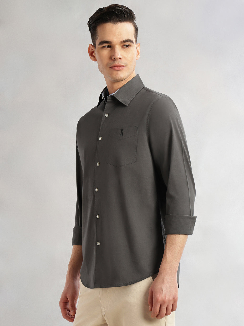 Thomas Scott Men Grey Cricket Club Collection Slim Fit Long Sleeves Spread Collar Solid Cotton Casual Shirt