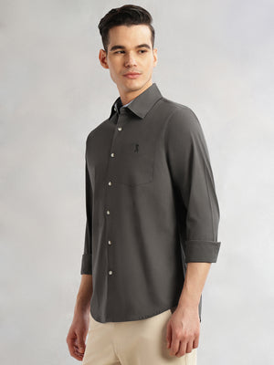 Thomas Scott Men Grey Cricket Club Collection Slim Fit Long Sleeves Spread Collar Solid Cotton Casual Shirt