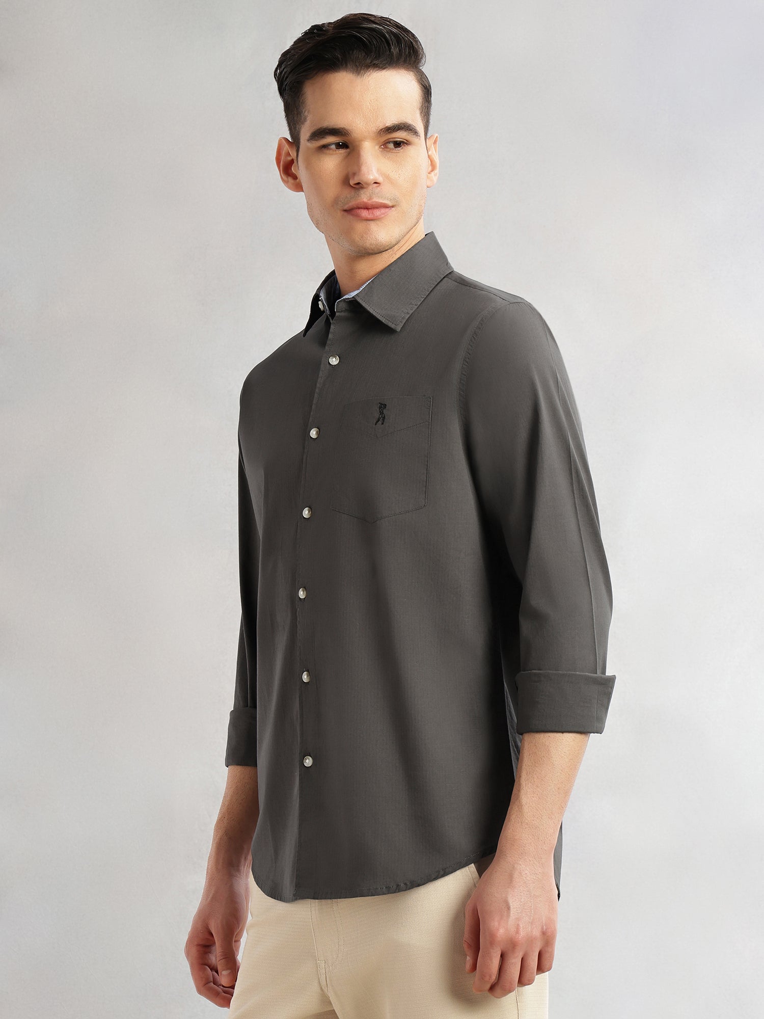 Thomas Scott Men Grey Cricket Club Collection Slim Fit Long Sleeves Spread Collar Solid Cotton Casual Shirt