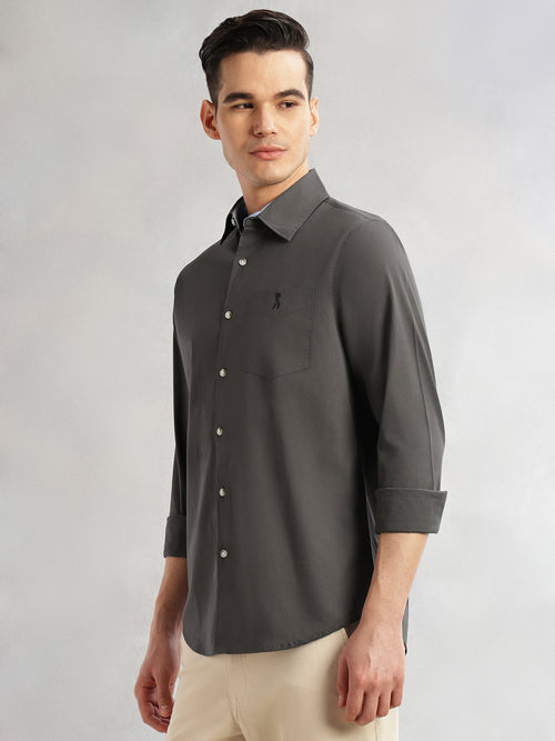 Thomas Scott Men Grey Cricket Club Collection Slim Fit Long Sleeves Spread Collar Solid Cotton Casual Shirt