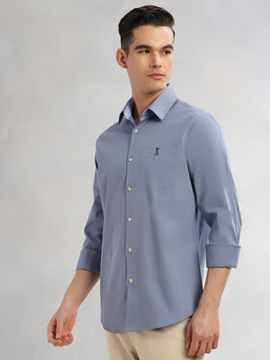 Thomas Scott Men Mid Blue Cricket Club Collection Slim Fit Long Sleeves Spread Collar Solid Cotton Casual Shirt
