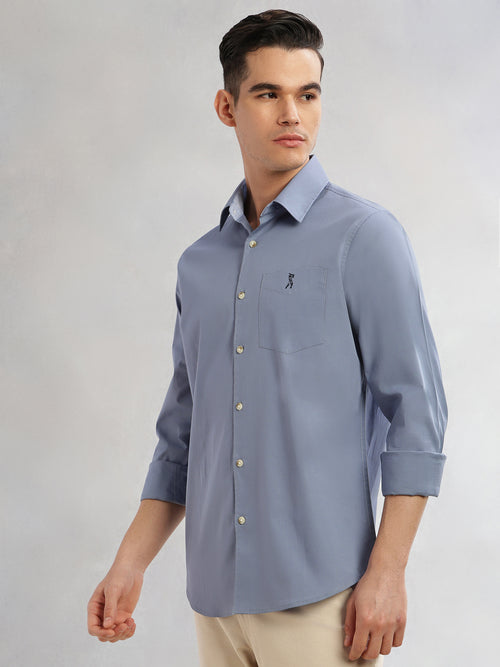 Thomas Scott Men Mid Blue Cricket Club Collection Slim Fit Long Sleeves Spread Collar Solid Cotton Casual Shirt