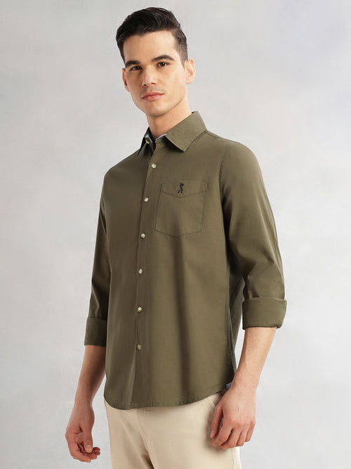 Thomas Scott Men Olive Cricket Club Collection Slim Fit Long Sleeves Spread Collar Solid Cotton Casual Shirt
