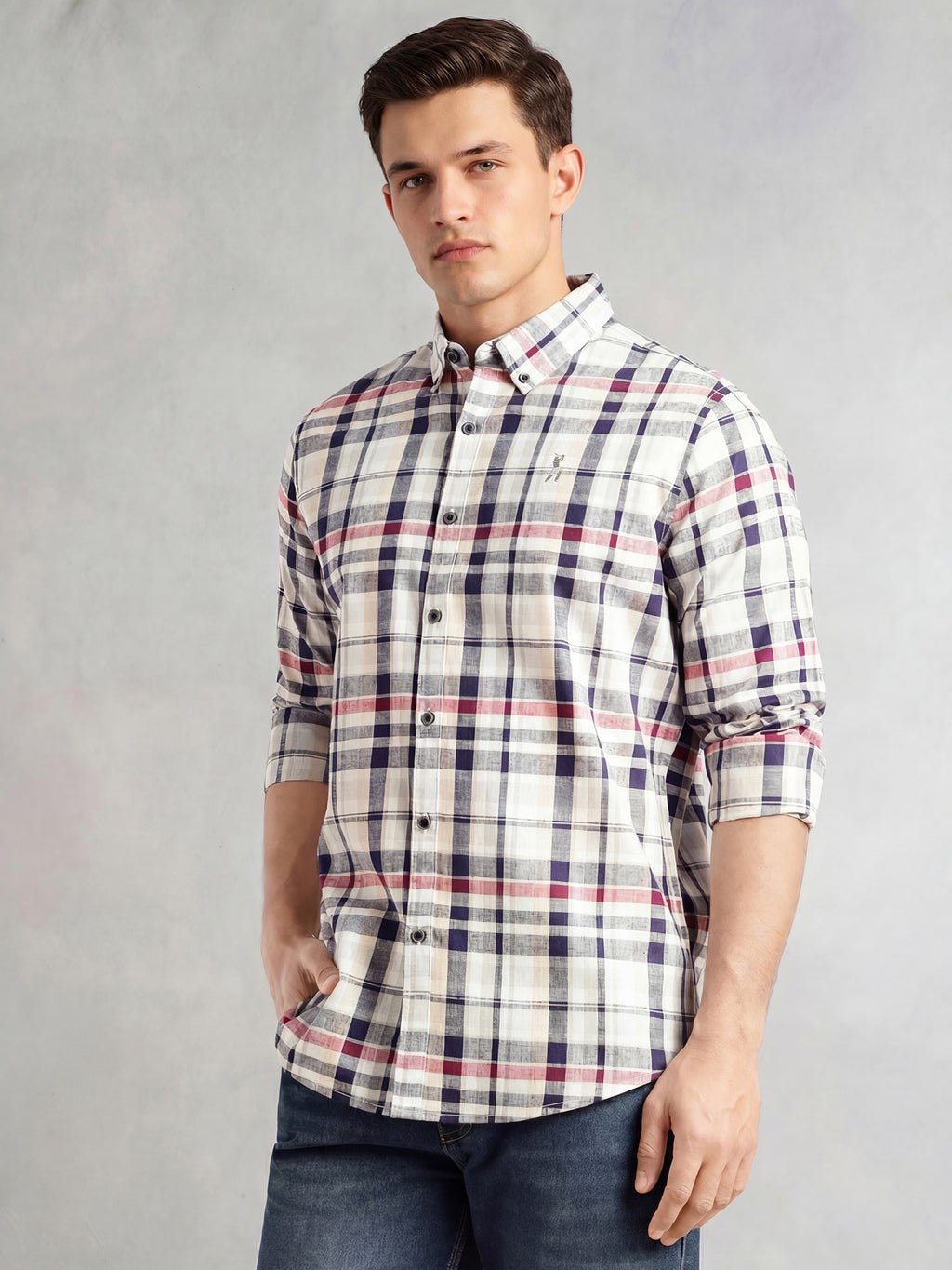 Thomas Scott Men White Cricket Club Collection Slim Fit Long Sleeves Button-Down Collar Cotton Linen Plaid Check Shirt