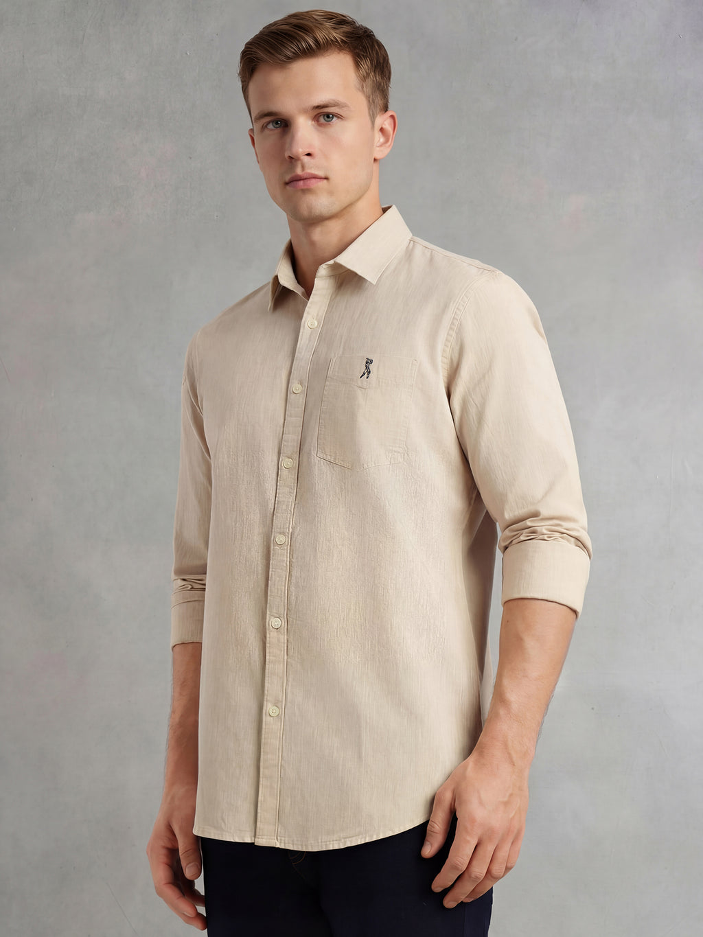 Thomas Scott Men Beige Cricket Club Collection Slim Fit Long Sleeves Spread Collar Solid Cotton Linen Shirt