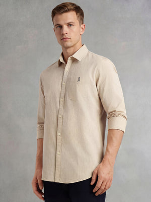 Beige Cricket Club Collection Slim Fit Long Sleeves Spread Collar Solid Cotton Linen Shirt For Men