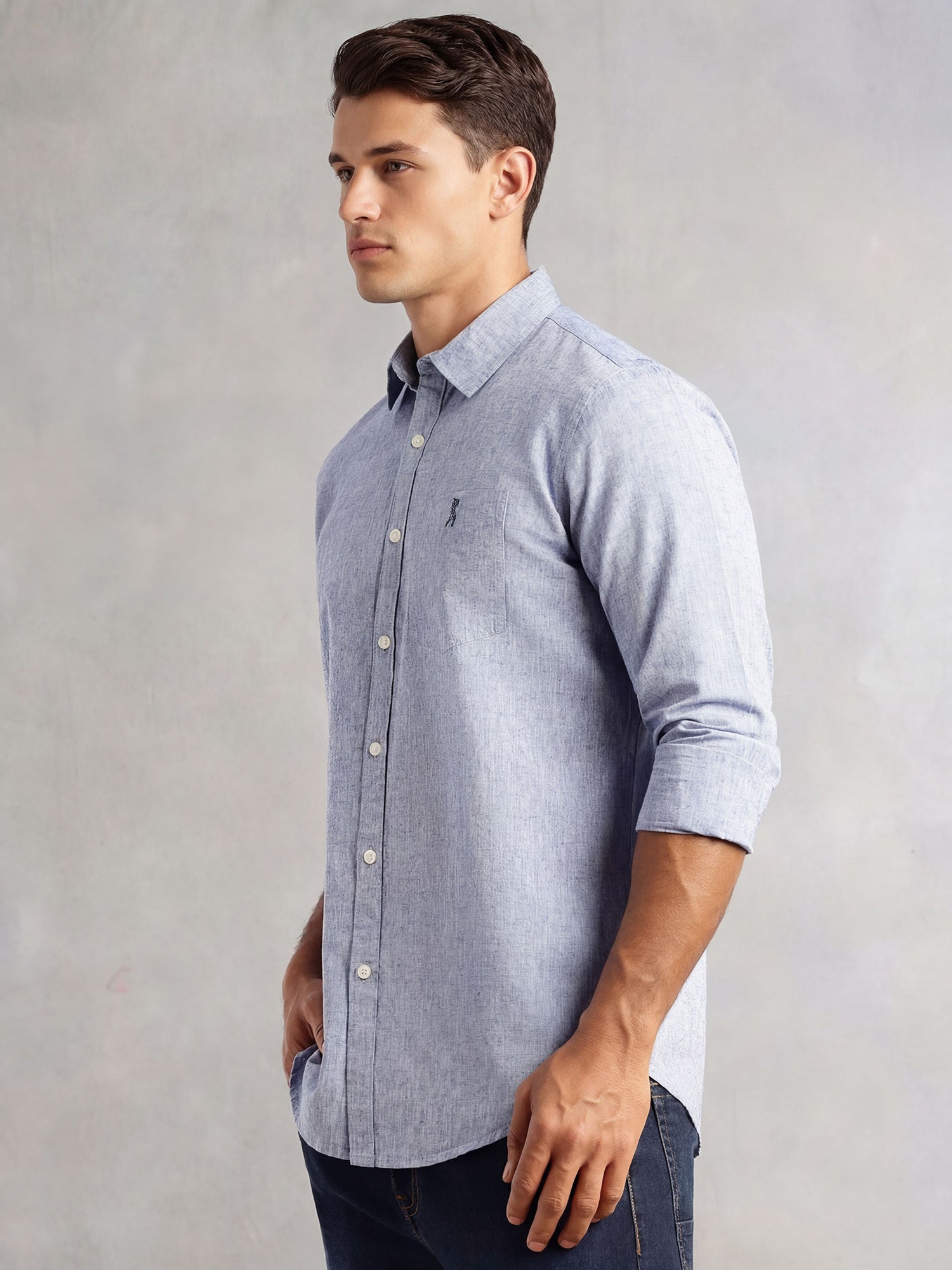 Thomas Scott Men Blue Cricket Club Collection Slim Fit Long Sleeves Spread Collar Solid Cotton Linen Shirt