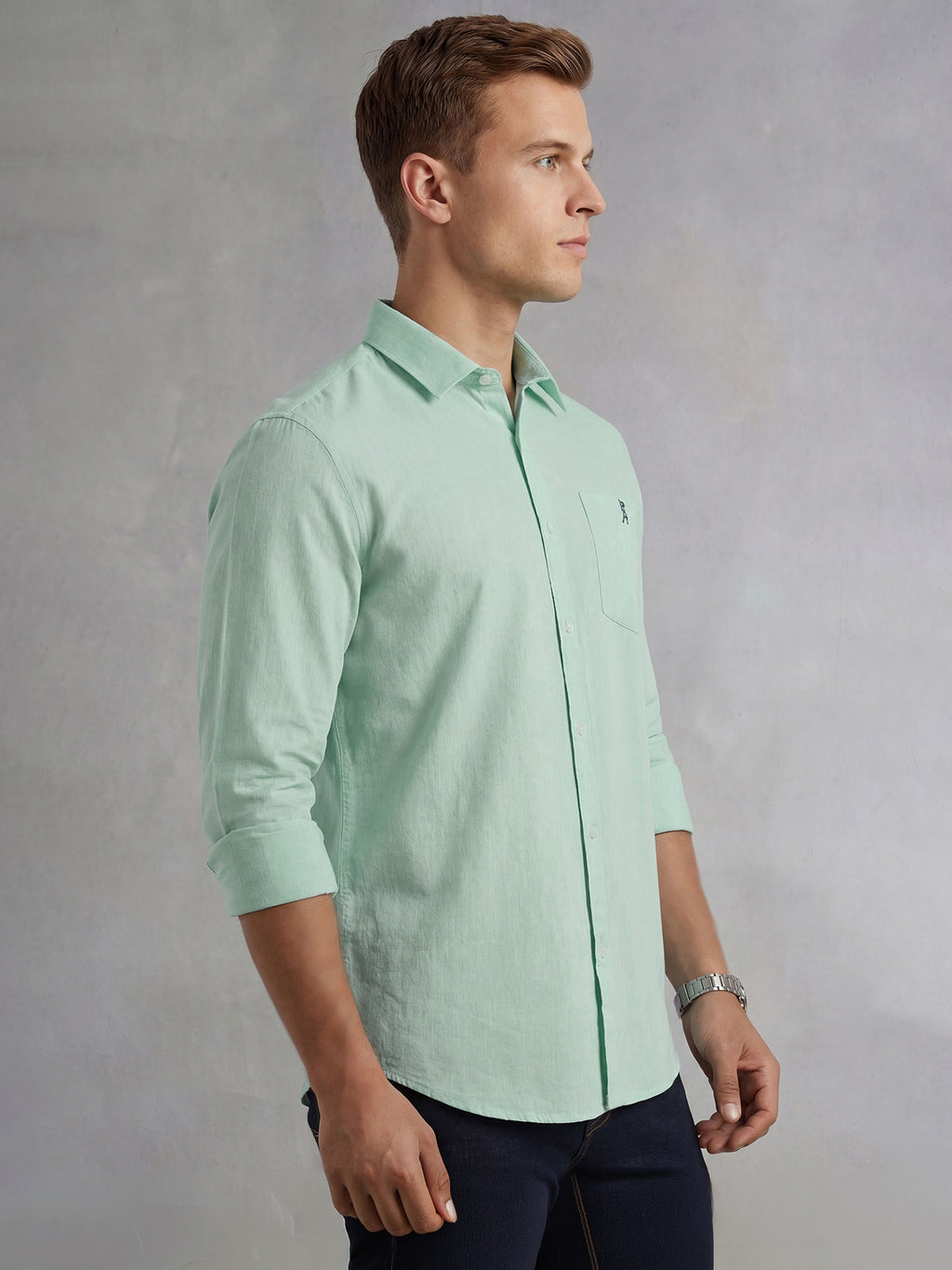 Thomas Scott Men Green Cricket Club Collection Slim Fit Long Sleeves Spread Collar Solid Cotton Linen Shirt