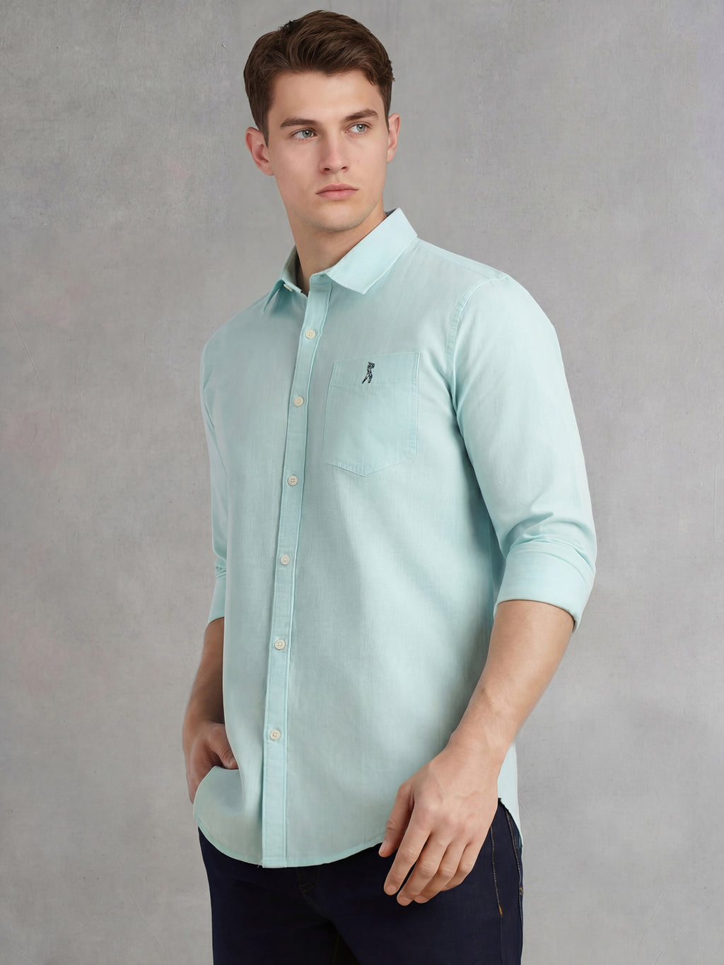 Thomas Scott Men Mint Cricket Club Collection Slim Fit Long Sleeves Spread Collar Solid Cotton Linen Shirt