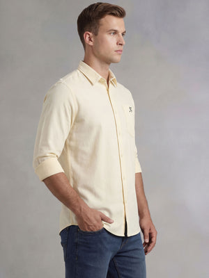 Yellow Cricket Club Collection Slim Fit Long Sleeves Spread Collar Solid Cotton Linen Shirt For Men