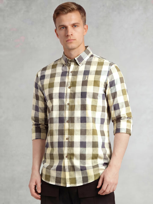 Thomas Scott Men Navy Cricket Club Collection Long Sleeves Button-Down Collar Cotton Linen Gingham Checks Shirt