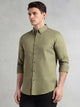 Thomas Scott Men Olive Long Regular Sleeves Slim Fit Button-Down Collar Solid Linen Casual Shirt