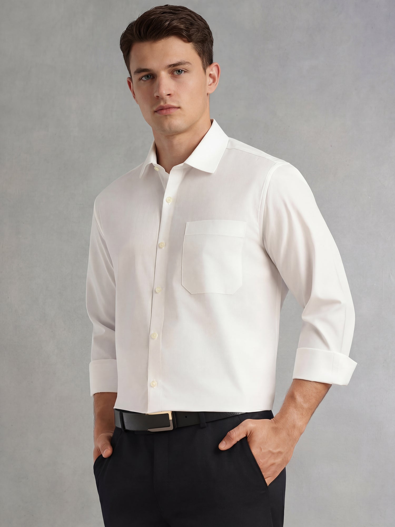 Thomas Scott Men White Regular Fit Long Sleeves Spread Collar with Twill Tape Solid 100% Cotton Formal Shirt
