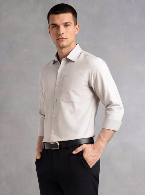 Thomas Scott Men Grey Regular Fit Long Sleeves Spread Collar with Contrast Fabric Solid 100% Cotton Formal Shirt