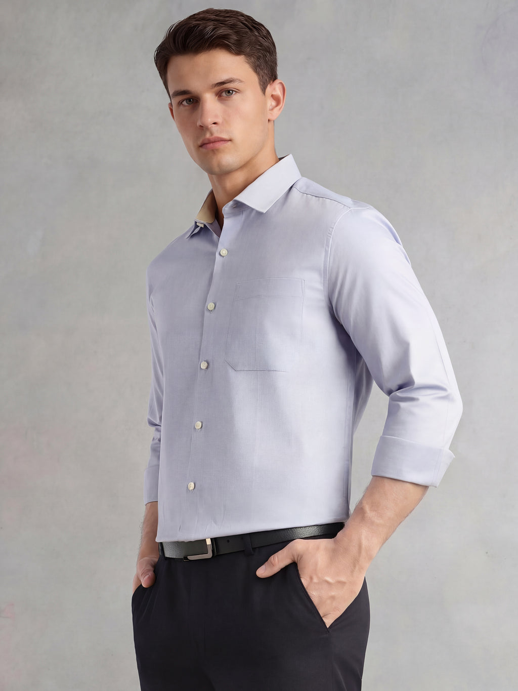 Thomas Scott Men Blue Regular Fit Long Sleeves Spread Collar with Contrast Fabric Solid 100% Cotton Formal Shirt