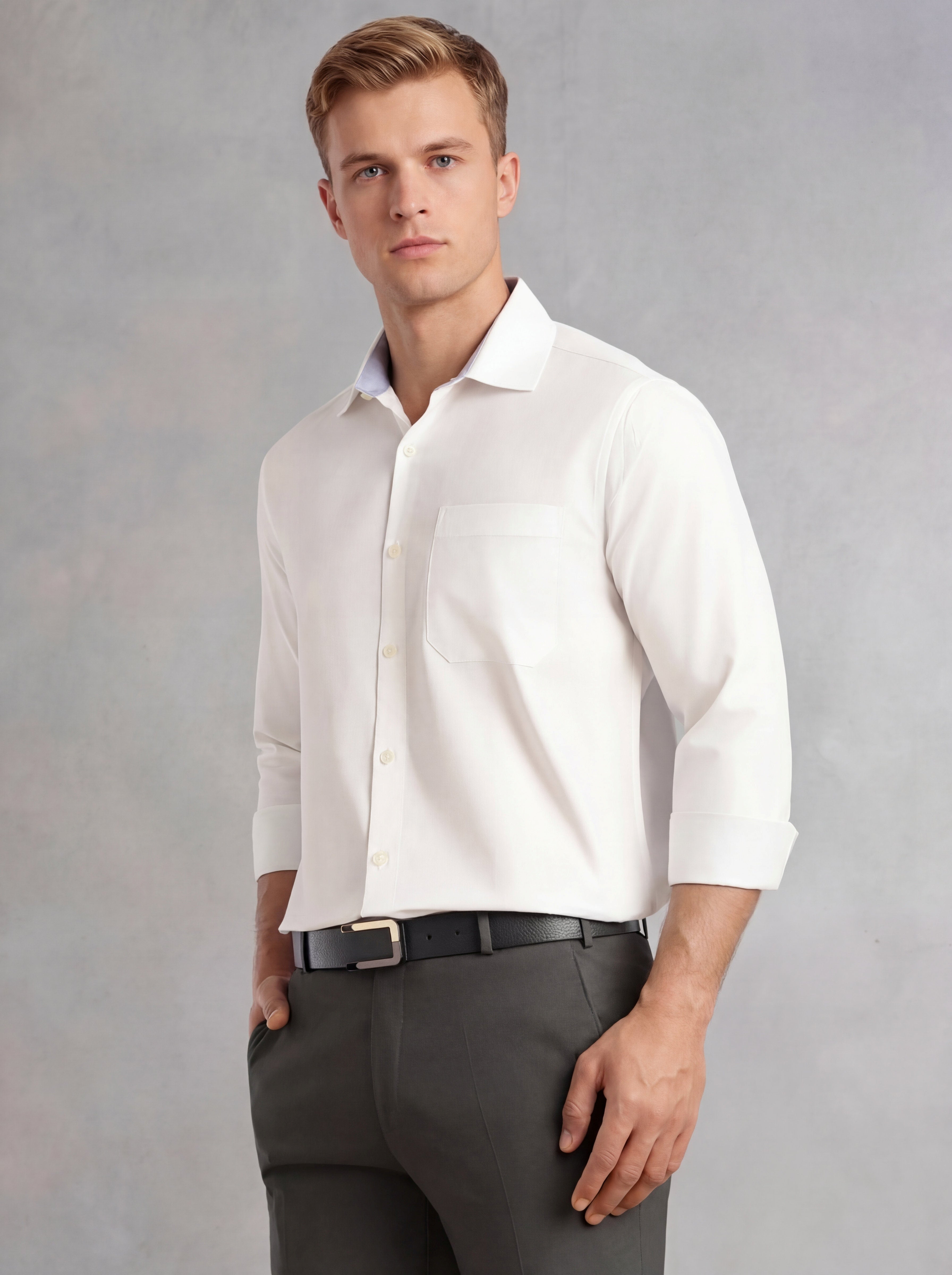 Thomas Scott Men White Regular Fit Long Sleeves Spread Collar with Contrast Fabric Solid 100% Cotton Formal Shirt