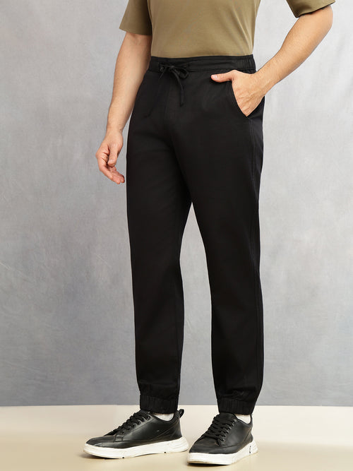Thomas Scott Men Black Cricket Club Collection Regular Fit Mid-Rise Woven Joggers with Drawstring & 4 Utility Pockets