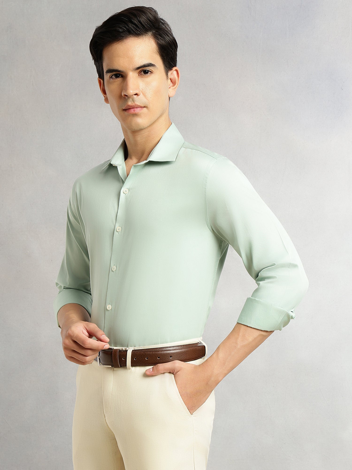 Thomas Scott Men Light Green Regular Fit Long Sleeves Spread Collar Solid 100% Cotton Formal Shirt
