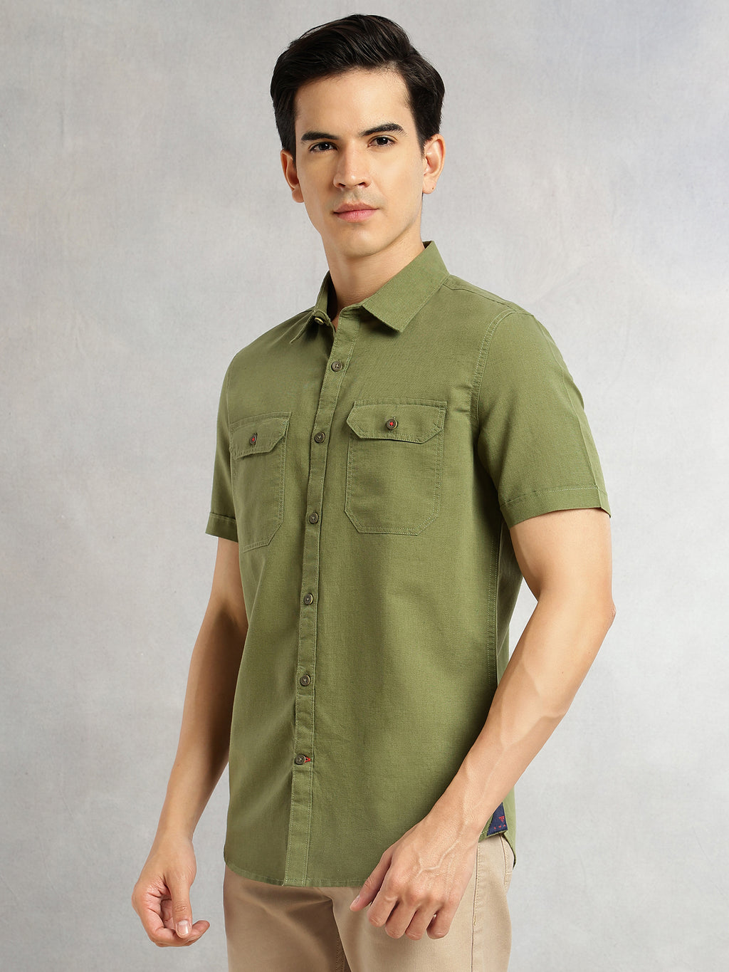 Thomas Scott Men Olive Premium Short Sleeves Slim Fit Spread Collar 2 Flap Pockets Solid Cotton Linen Casual Shirt