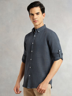 Thomas Scott Men Mid Blue Slim Fit Long Sleeves Button-Down Collar Polyester Casual Shirt