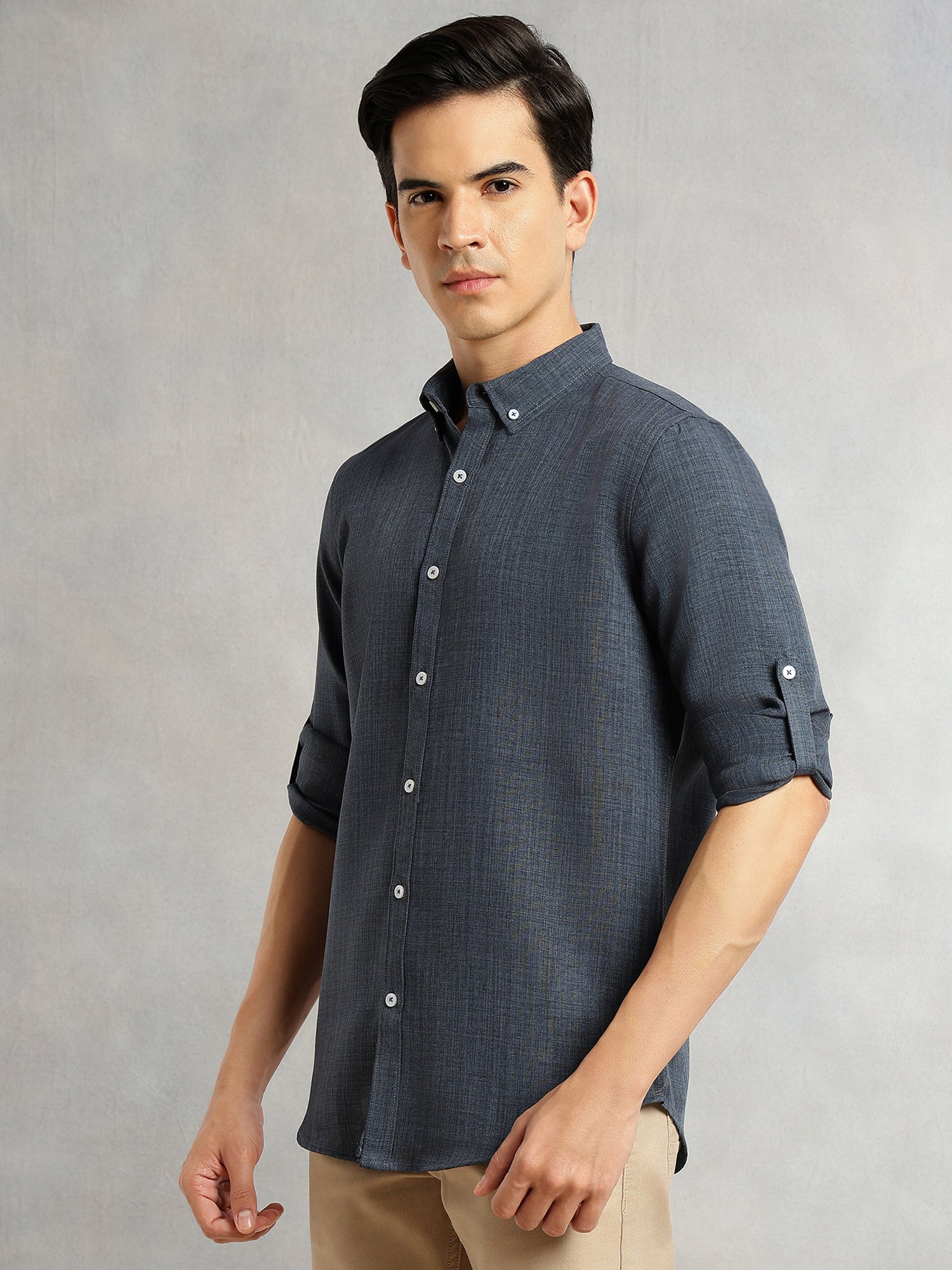 Thomas Scott Men Mid Blue Slim Fit Long Sleeves Button-Down Collar Polyester Casual Shirt