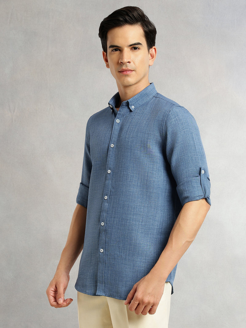 Thomas Scott Men Ink Blue Slim Fit Long Sleeves Button-Down Collar Polyester Casual Shirt