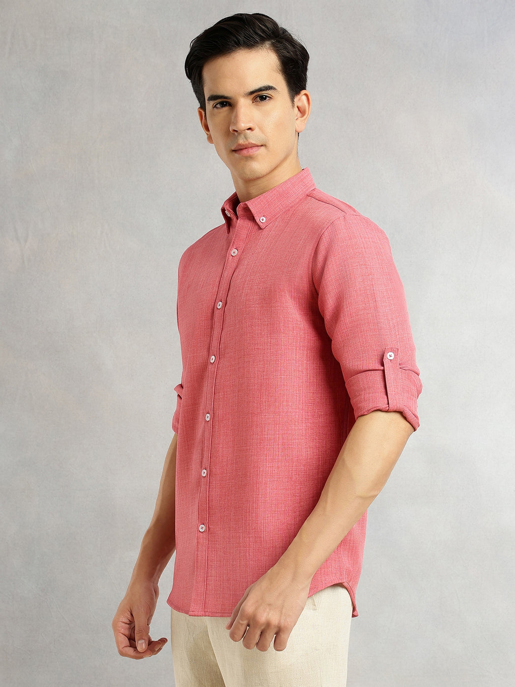 Thomas Scott Men Royal Pink Slim Fit Long Sleeves Button-Down Collar Polyester Casual Shirt