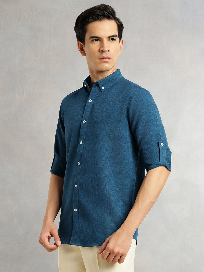 Thomas Scott Men Peacock Slim Fit Long Sleeves Button-Down Collar Polyester Casual Shirt
