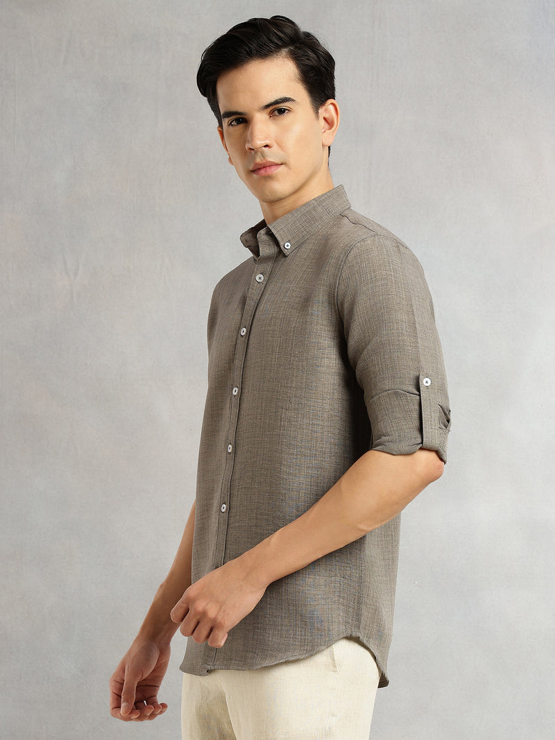 Thomas Scott Men Ivory Slim Fit Long Sleeves Button-Down Collar Polyester Casual Shirt