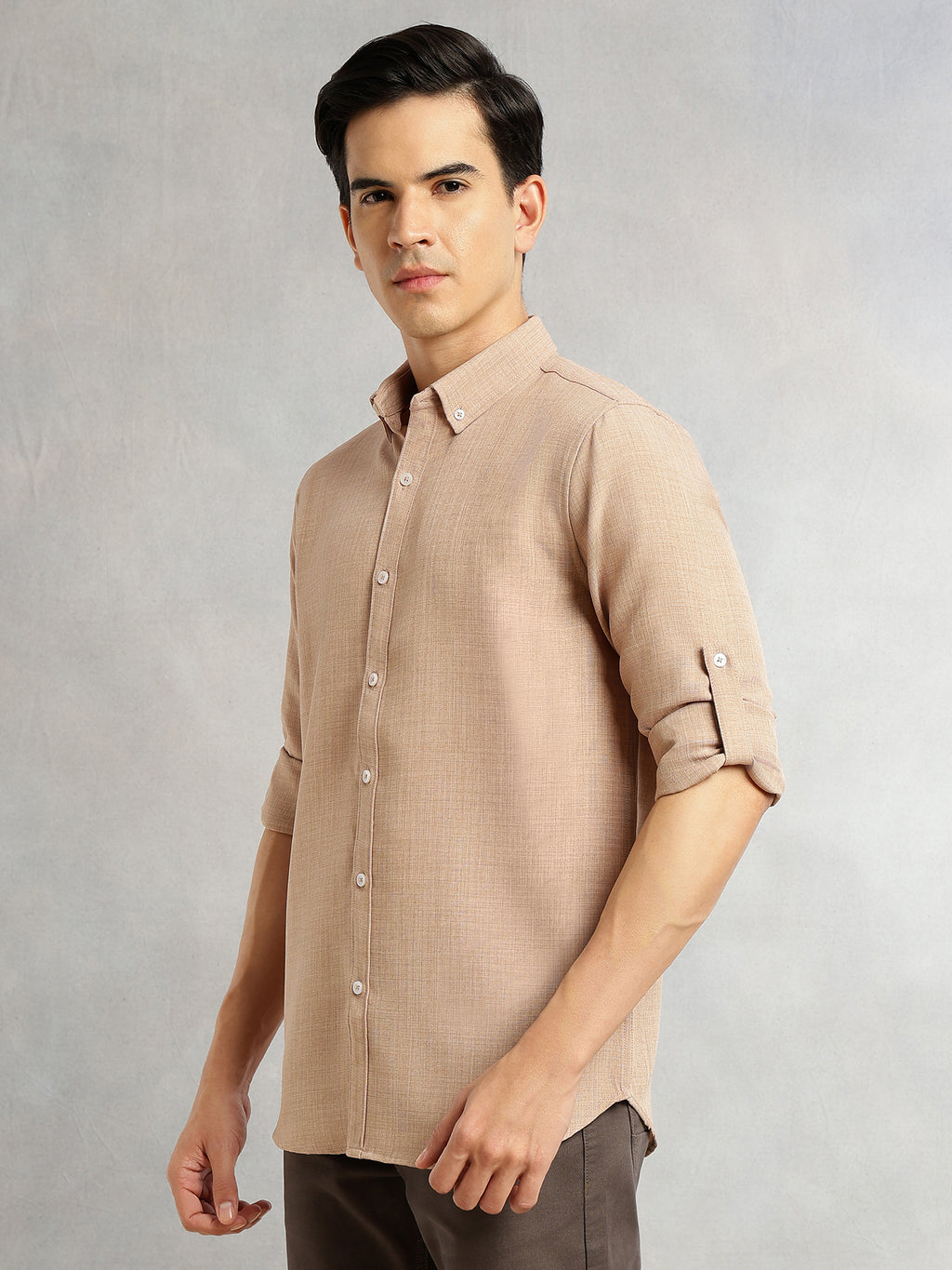 Thomas Scott Men Khaki Slim Fit Long Sleeves Button-Down Collar Polyester Casual Shirt