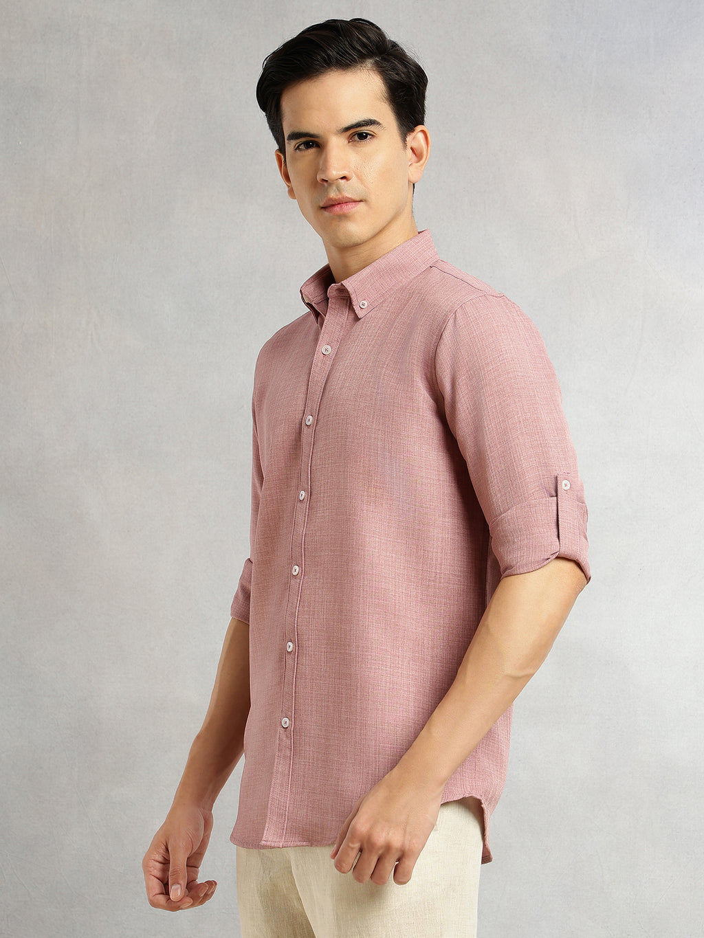 Thomas Scott Men Baby Pink Slim Fit Long Sleeves Button-Down Collar Polyester Casual Shirt