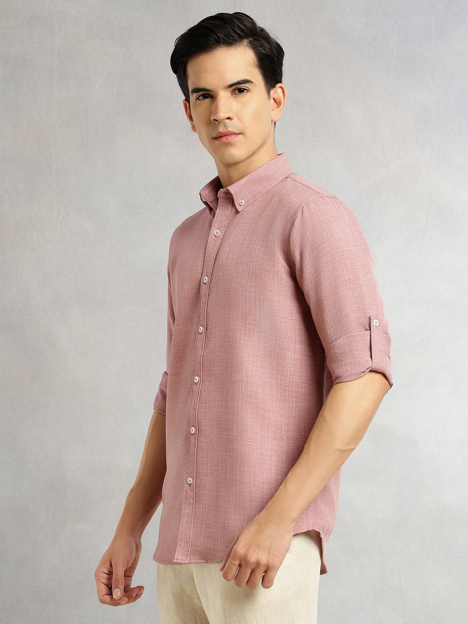 Thomas Scott Men Baby Pink Slim Fit Long Sleeves Button-Down Collar Polyester Casual Shirt
