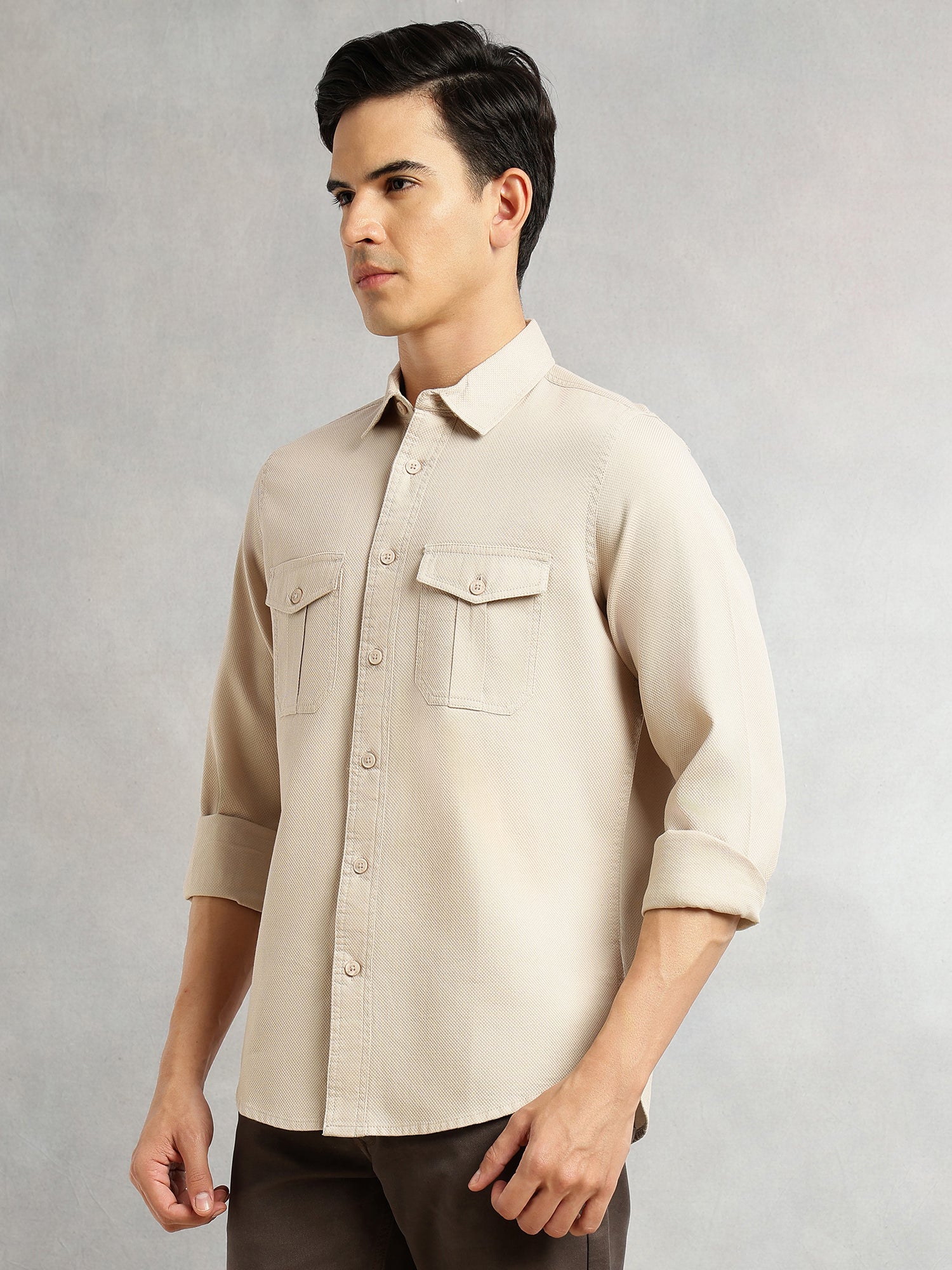 Thomas Scott Men Beige Cricket Club Collection Men Slim Fit Cotton Casual Shirt-Dual Flap Pocket