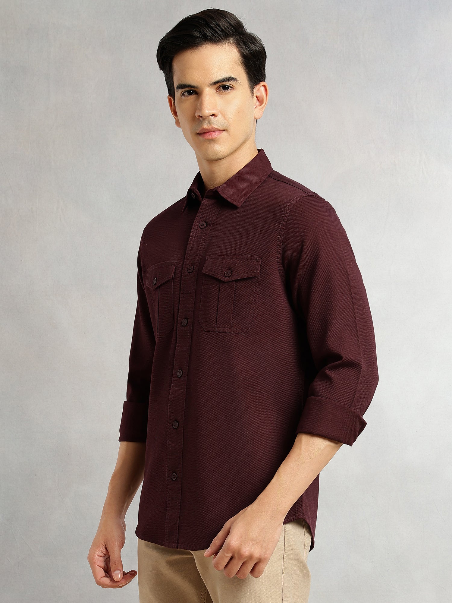 Thomas Scott Men Wine Cricket Club Collection Men Slim Fit Cotton Casual Shirt-Dual Flap Pocket